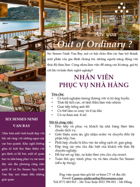  CƠ HỘI THỰC TẬP TẠI SIX SENSES NINH VAN BAY
